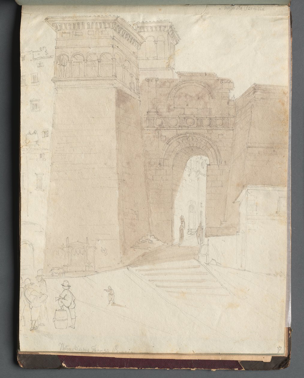 Album med udsigt over Rom og omgivelser, landskabsstudier, side 50a: Romersk arkitektonisk udsigt af Franz Johann Heinrich Nadorp