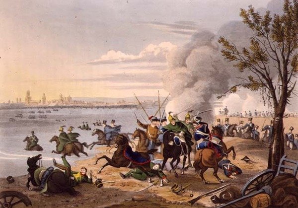 Napoleons flugt over Rhinen nær byen Mentz forfulgt af de allierede af Franz Joseph (after) Manskirch