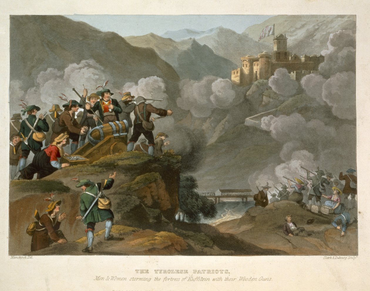 De tirolske patrioter, der stormer fæstningen Kuffstein med deres trækanoner, graveret af John Heaviside Clark (ca. 1771-1863) og Matthew Dubourg (fl.1813-20) fra Historic, Military and Naval Anecd af Franz Joseph Manskirch