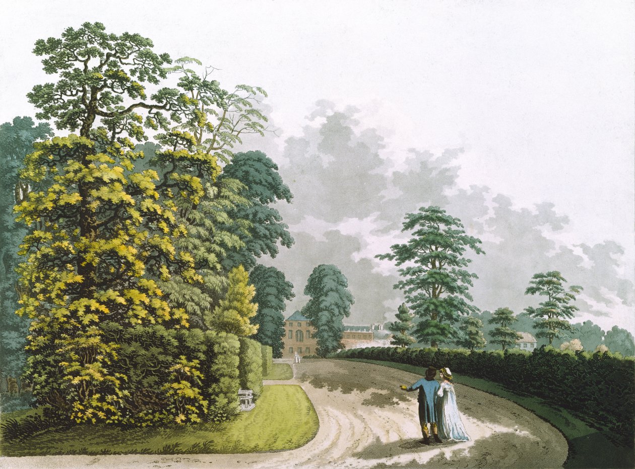 Et sidebillede af paladset i Kensington Gardens, indgraveret af Heinrich Joseph Schutz (1760-1822), pub. 1798 af Ackermann (akvatint) af Franz Joseph after Manskirch
