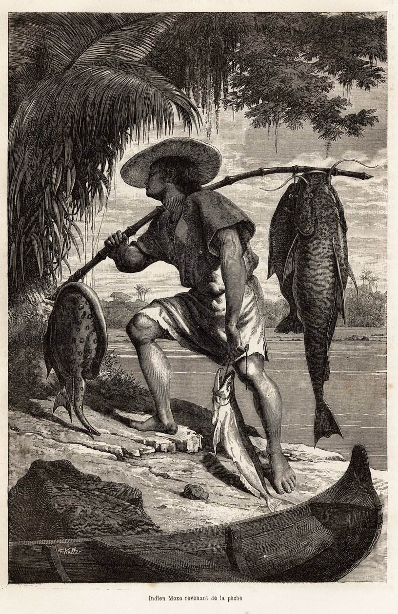 Indiske Moxo (Mojo, Moxeno) (fra Mato Grosso-regionen) vender tilbage fra fiskeri, gravering efter en tegning af fortælleren, der illustrerer en udforskningsrejse på Amazonas og Madeira, fra 1874, af Franz Keller Leuzinger, udgivet i "" Le tour du af Franz Keller