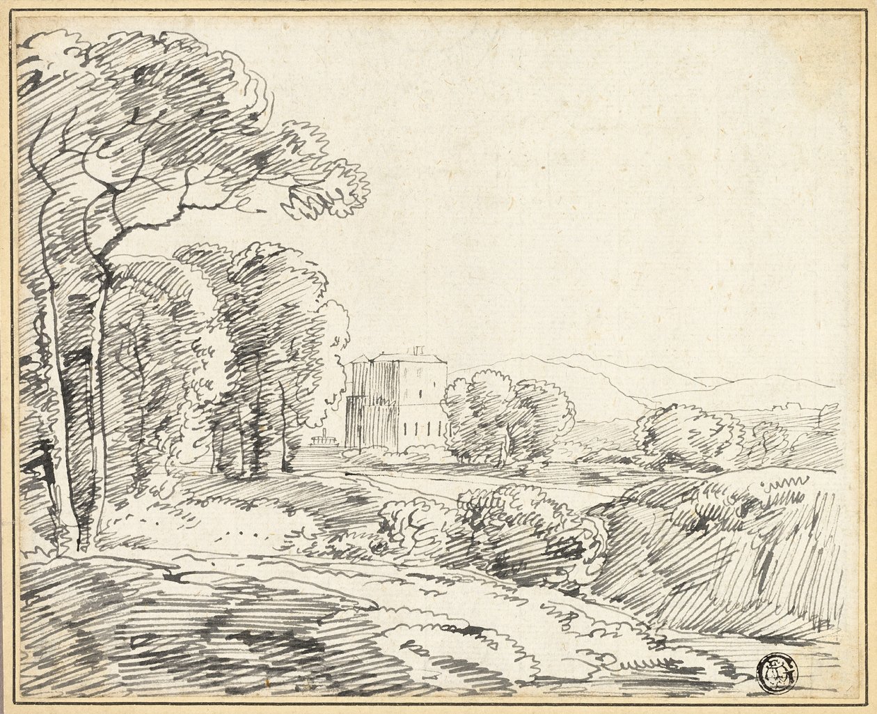 Landskab, hus i park af Franz Kobell