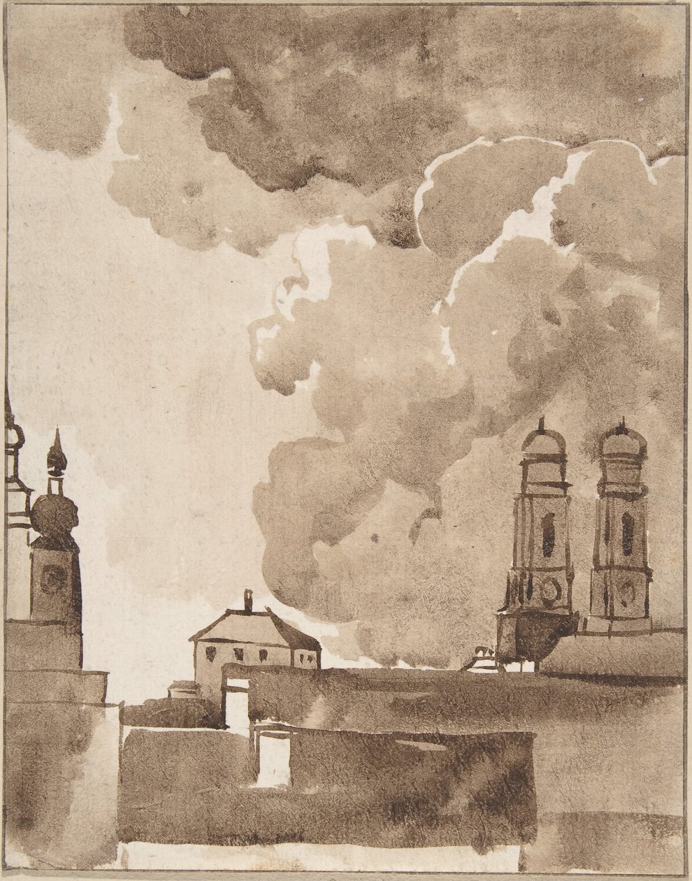 Udsigt over München med Marienkirche til højre, slutningen af det 18.-begyndelsen af det 19. århundrede. af Franz Kobell