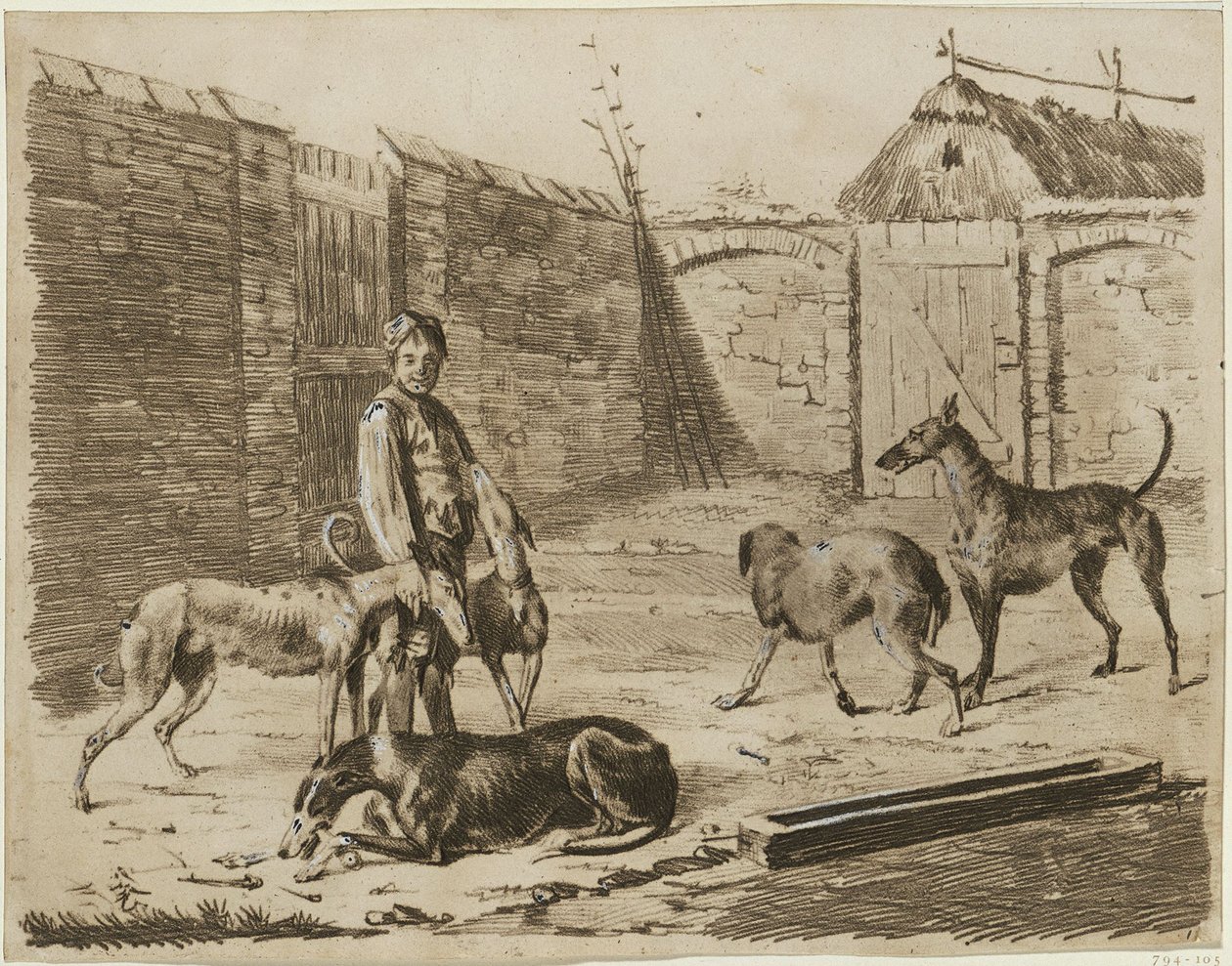 Gårdsplads med en dreng og hunde af Franz Krüger