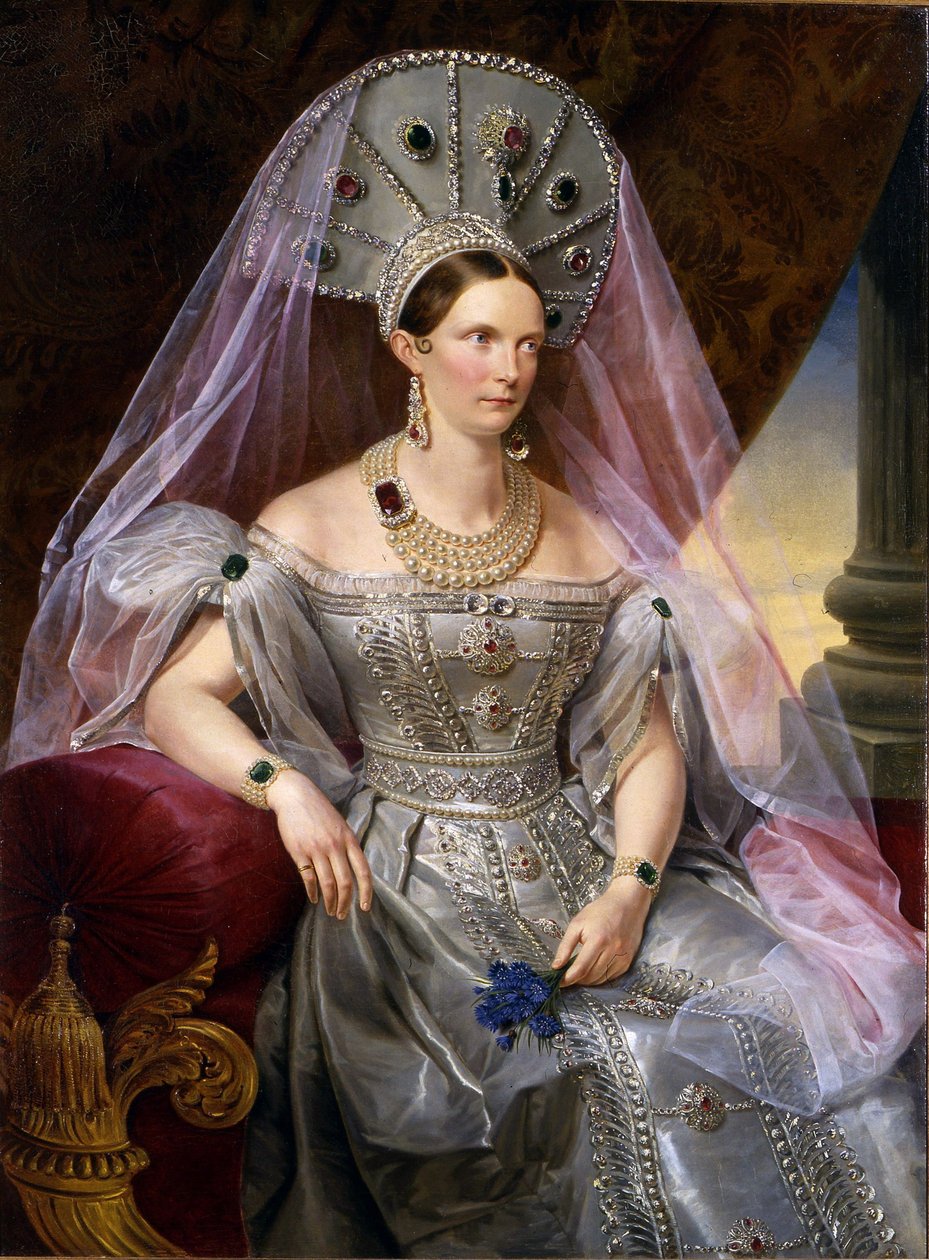 Portræt af kejserinde Alexandra Fyodorovna Charlotte af Preussen, i kokoshnik, ca 1836 af Franz Krüger