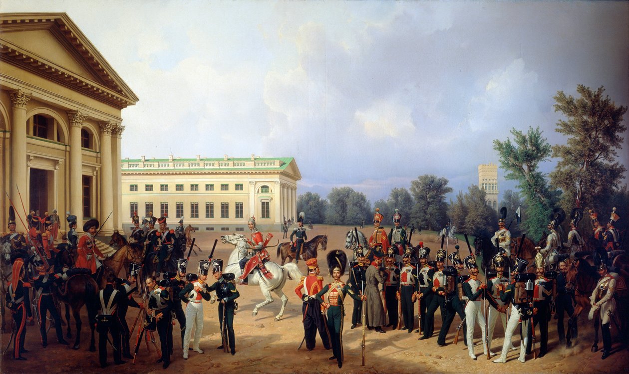 Den kejserlige russiske garde i Tsarskoye Selo i 1832, 1841. af Franz Krüger