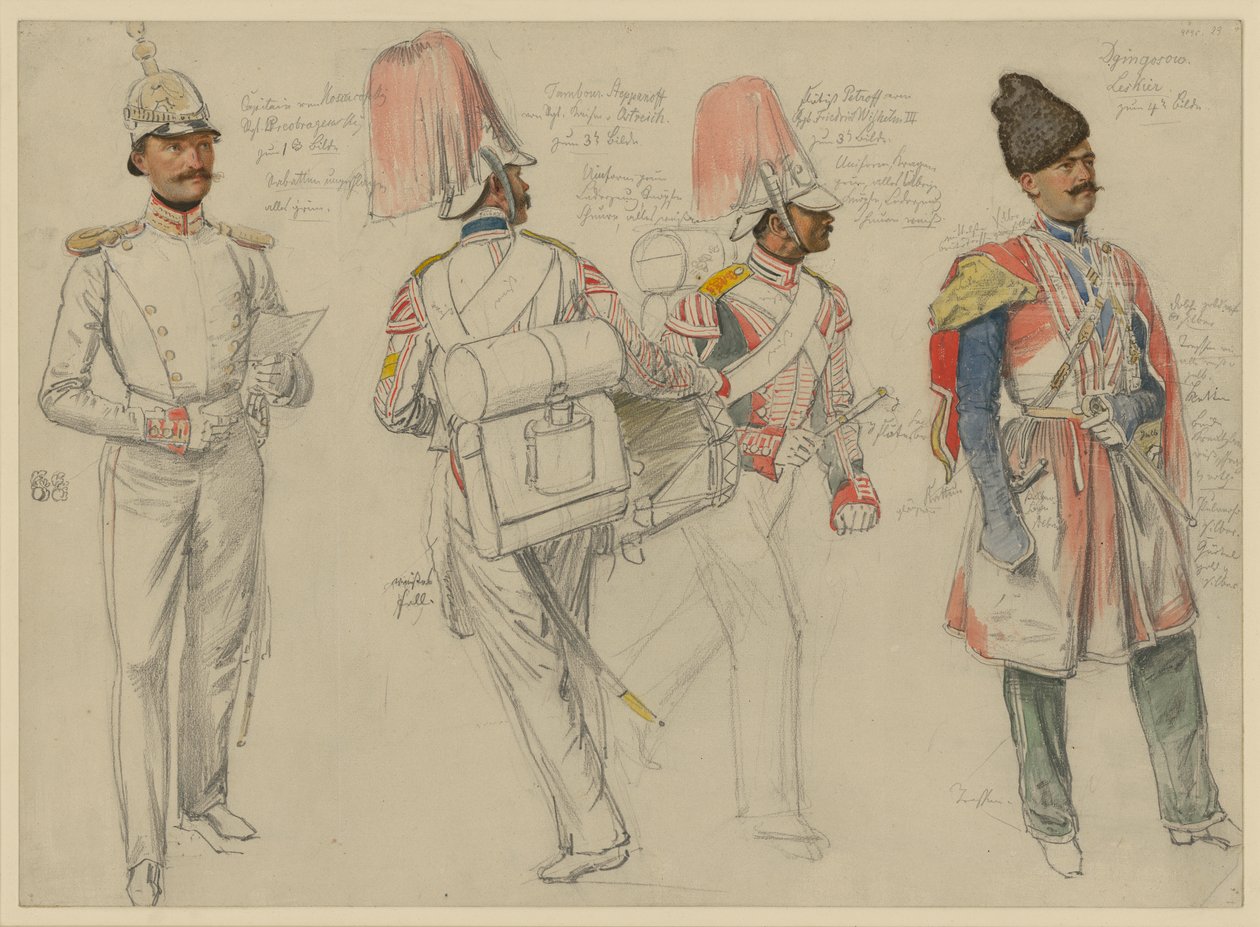 af Kossacowski, kaptajn i Preobraschenski-regimentet; Steppanoff, trommeslager i Kejser af Østrig-regimentet; Petroff, fløjtist i Frederik Vilhelm III.-regimentet; Dgingosow, Leskier af Franz Krüger