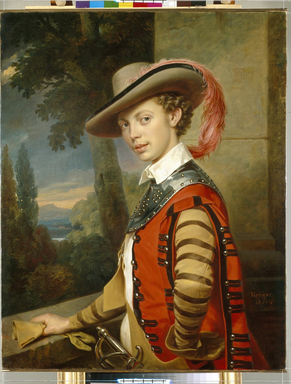 Portræt af prins Nicolas Saltykov iført en forklædning. (Portræt af Prins Nikolai Saltykov i fancy kjole). Maleri af Franz Kruger (1797-1857), olie på lærred af Franz Krüger