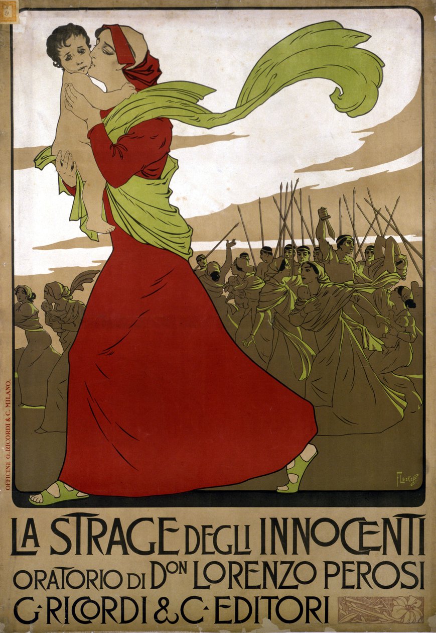 Plakat for “The massacre of the innocents” ”, oratorium af den italienske komponist Don Lorenzo Perosi (1872 - 1956). Tegning af F. Laskoff af Franz Laskoff