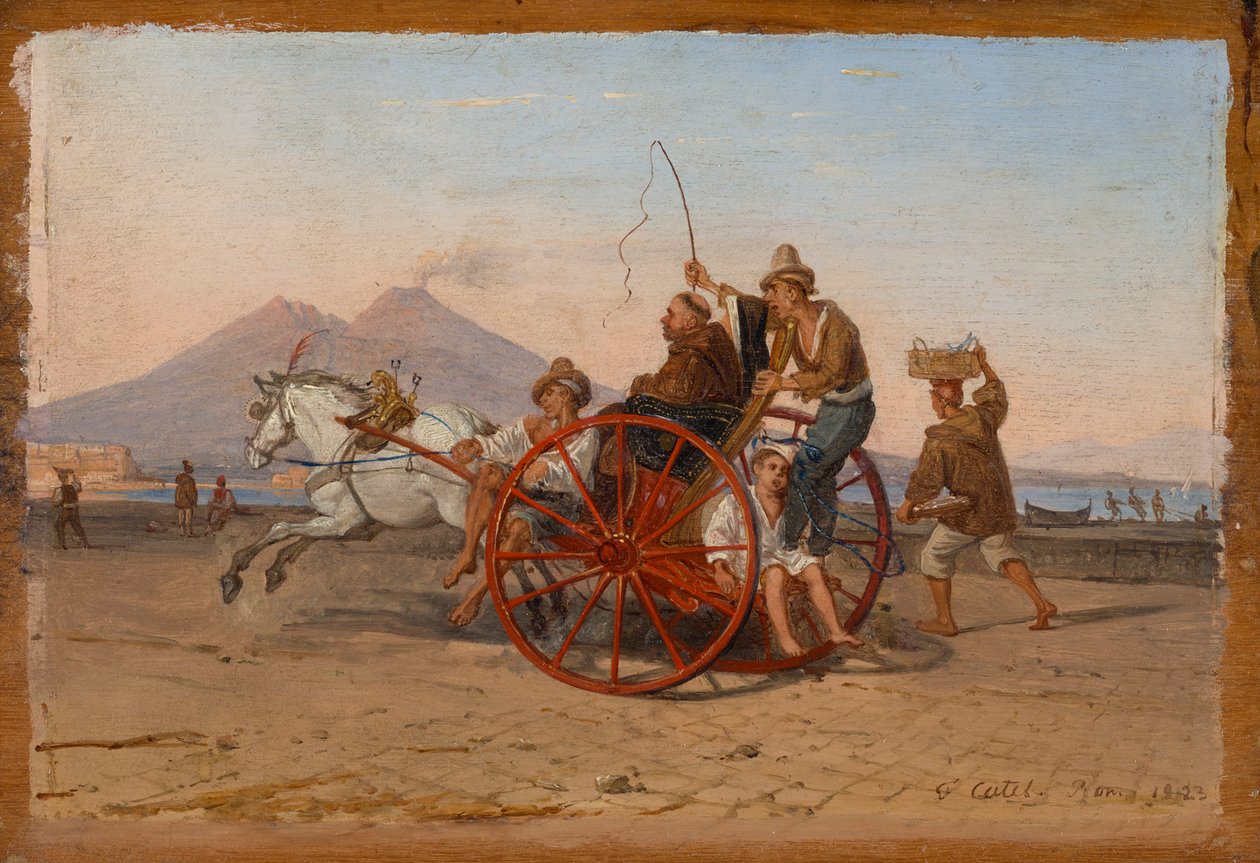 "En kapucinerbroder og nonne bliver kørt i en napolitansk carrette i havnen i Napoli" af Franz Ludwig Catel
