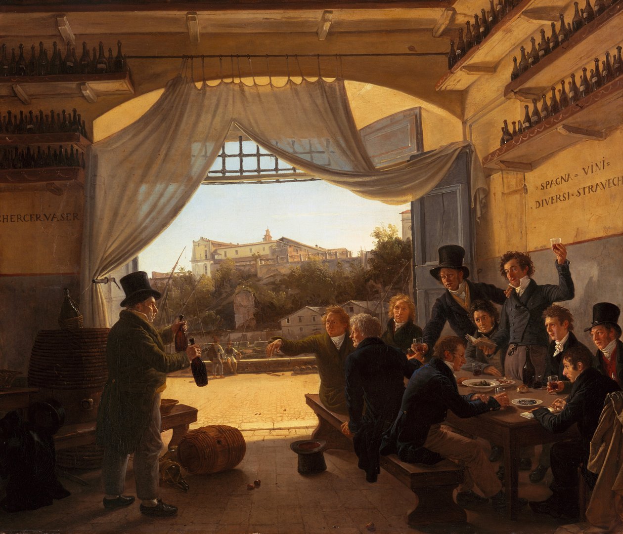 Tysk: Kronprinz Ludwig in der Spanischen Weinschänke zu Rom Kronprins Ludwig i den spanske vintaverne i Rom af Franz Ludwig Catel