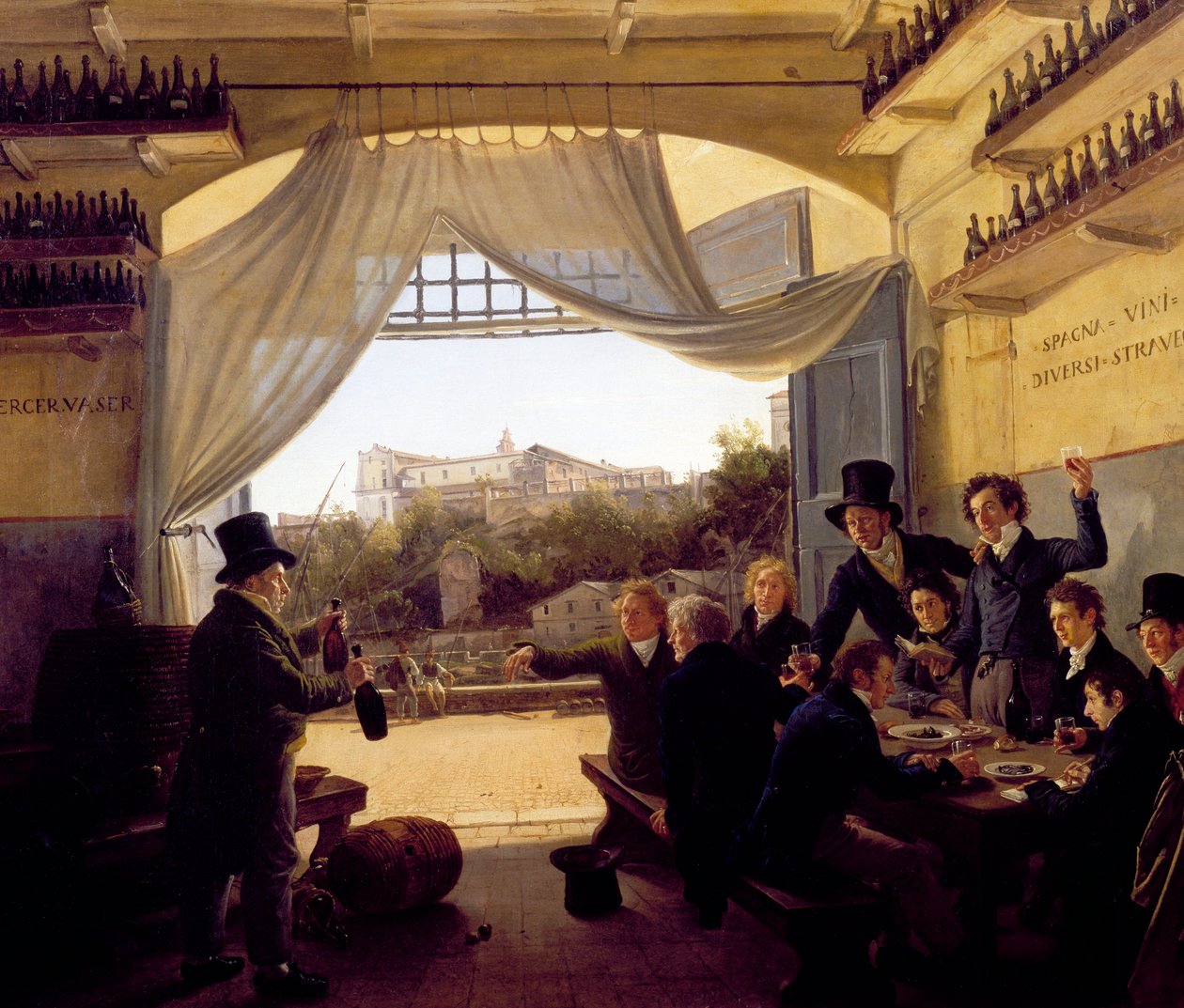 Louis II de Baviere drikker med venner i den spanske vinkro i Rom. 1824 (olie på træ) af Franz Ludwig Catel