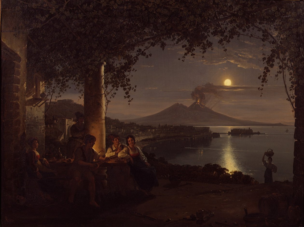 Månebelyst udsigt over Napoli-bugten (olie på lærred) af Franz Ludwig Catel