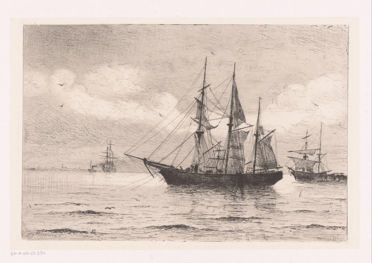 Seascape med en tre-master og andre skibe af Franz Maecker