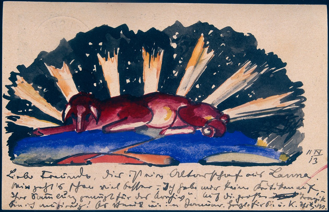 "Alterfår fra Lana", Franz Marc fra Sindelsdorf til Gabriele Münter i München: postkort, poststemplet 11. april 1913 af Franz Marc