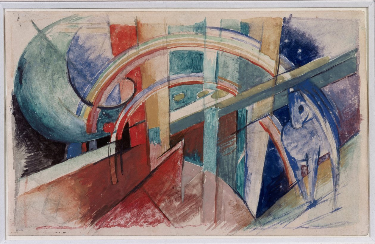 Blå hest og regnbue tegning i blyant og akvarel af Franz Marc af Franz Marc