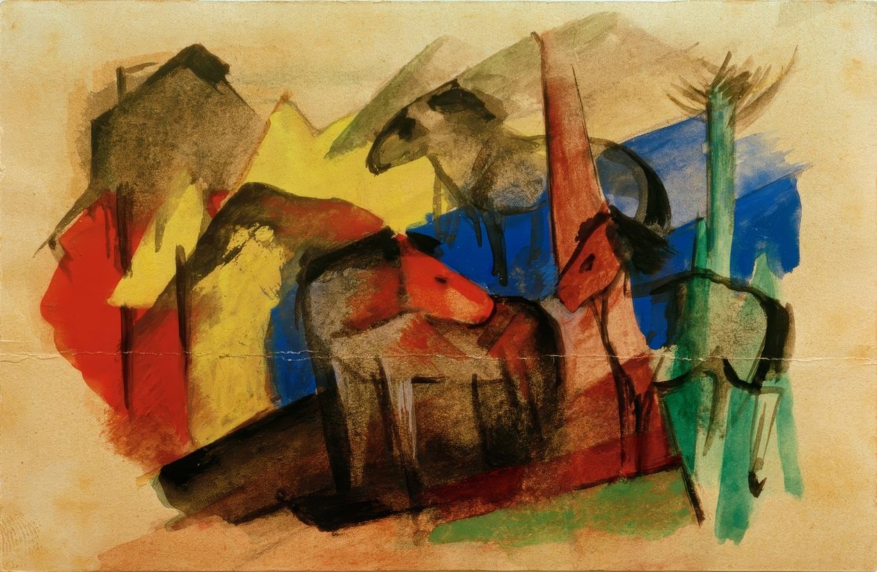 Tre heste i landskab med huse af Franz Marc