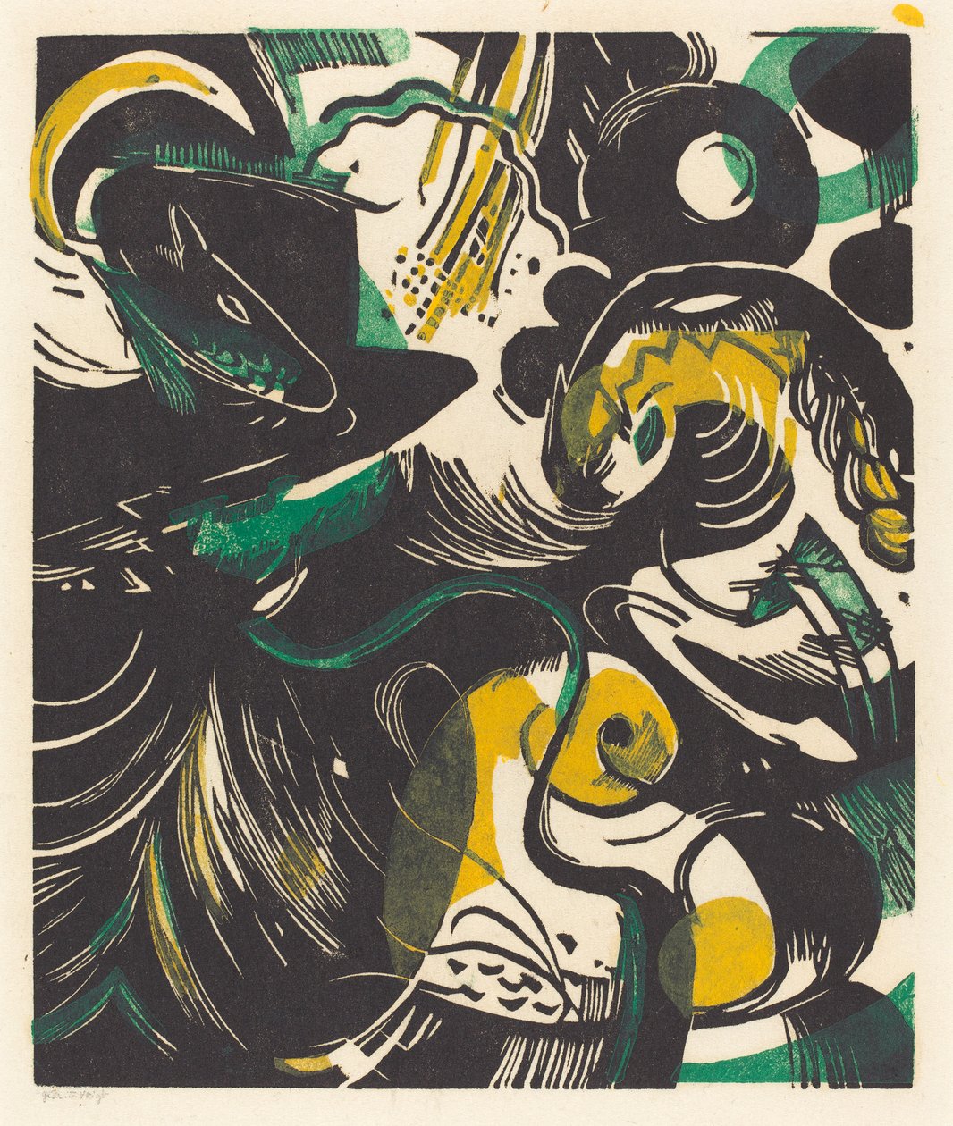Genesis II (Schopfungsgeschichte II), 1914 (træsnit i gul, sort og grøn) af Franz Marc