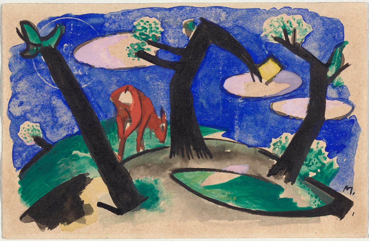 Landskab med rødt dyr, postkort fra Sindelsdorf til Alfred Kubin i Wernstein/Zwickledt af Franz Marc