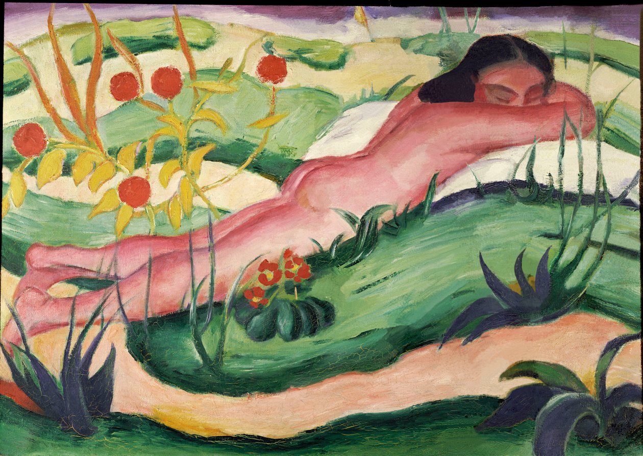 Nøgen liggende i blomsterne, 1910 af Franz Marc