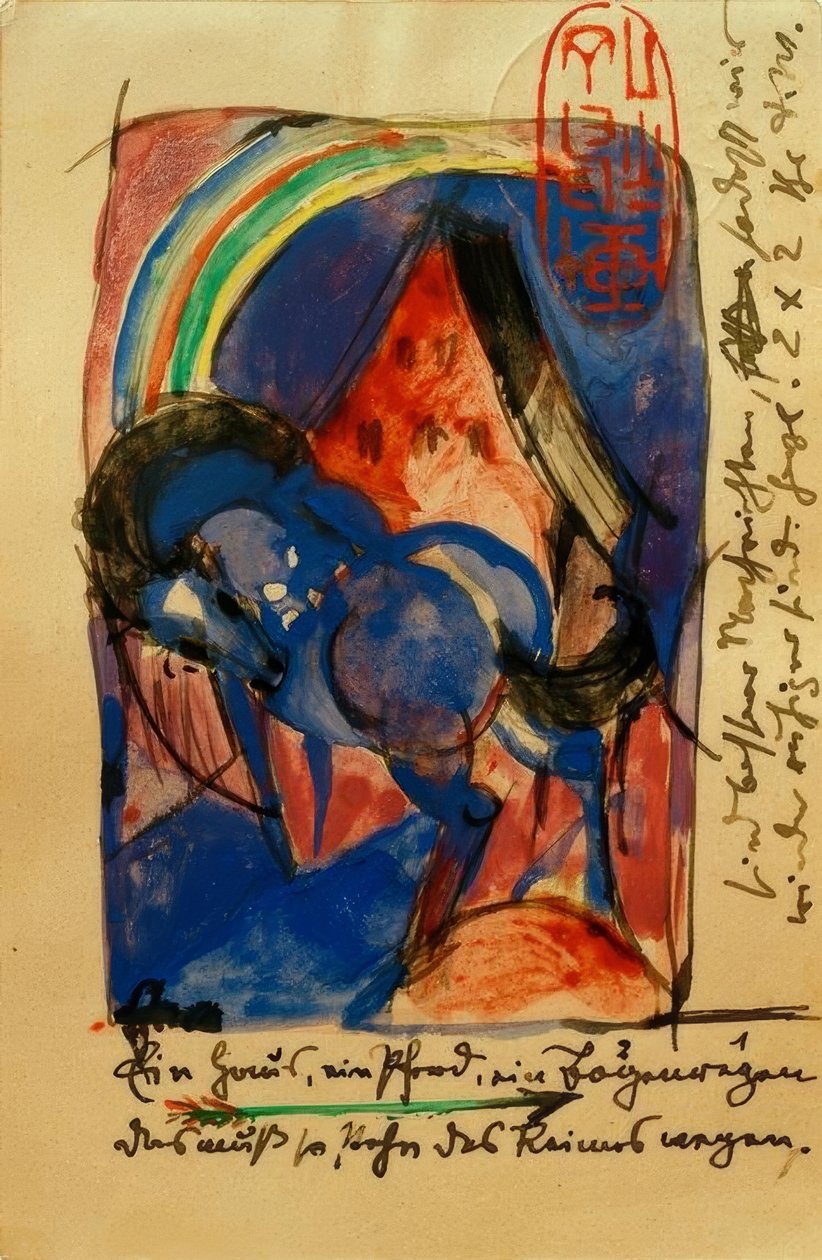 Hest og hus med regnbue af Franz Marc