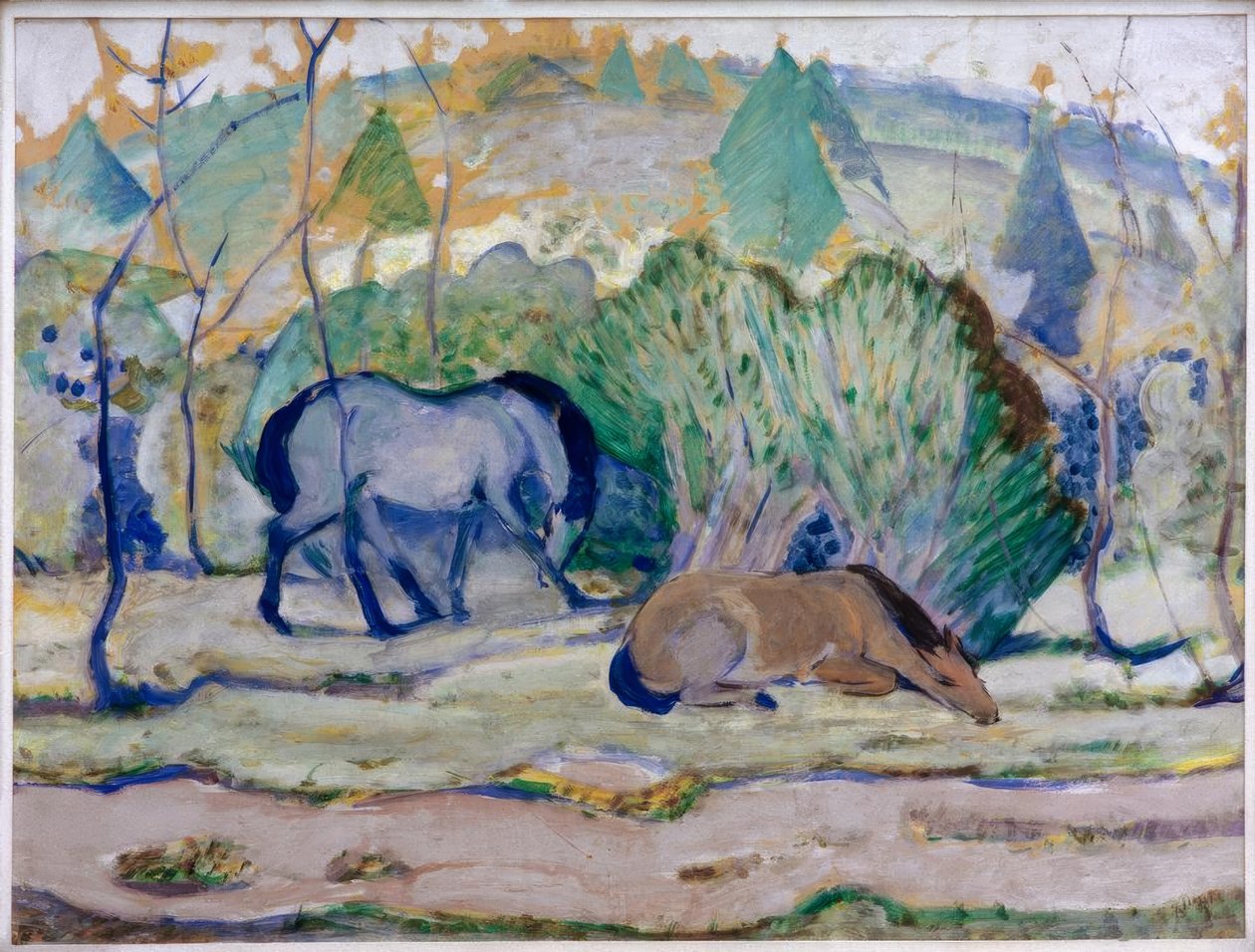 Heste på græs (heste i landskab) af Franz Marc