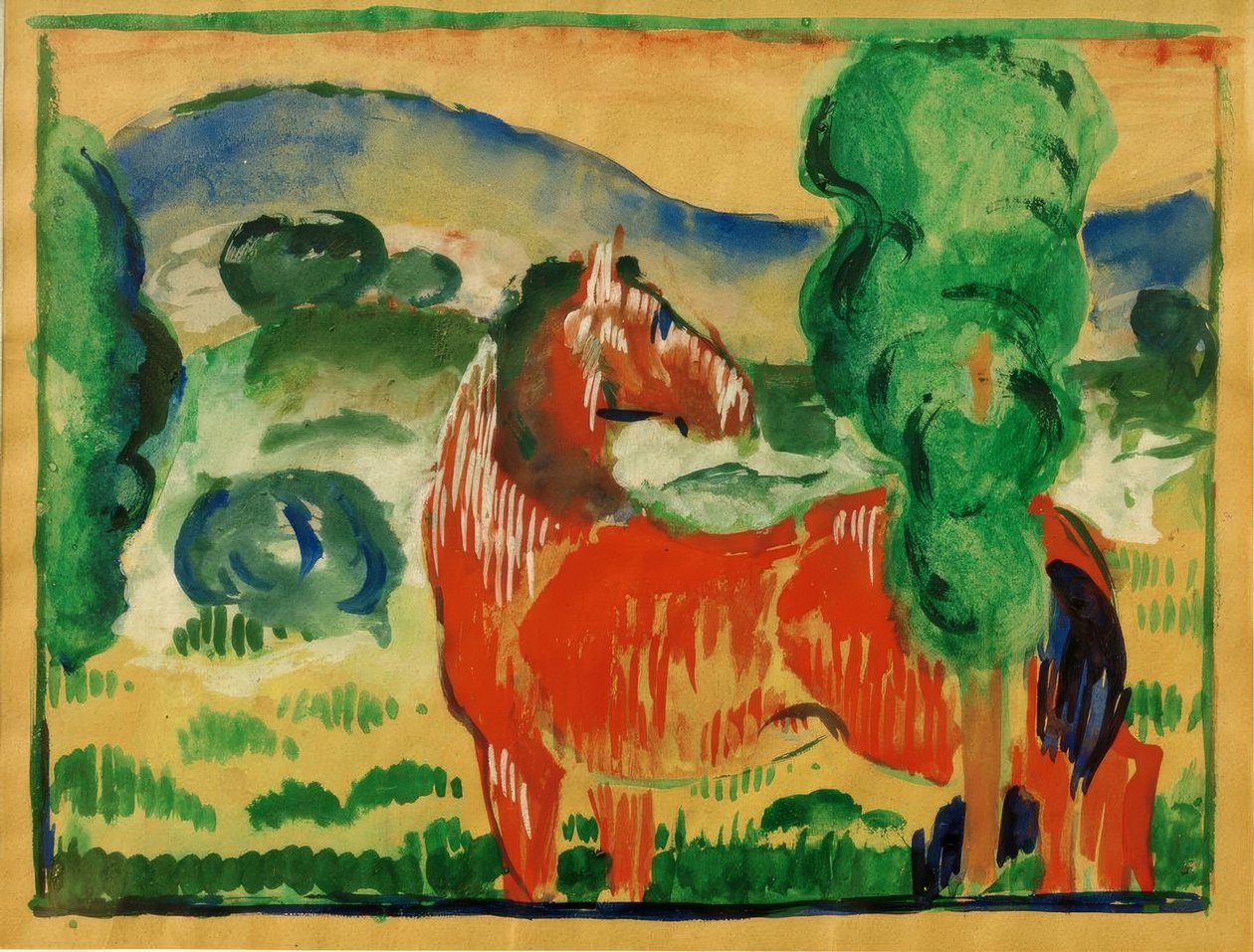 Rød hest i et farvet landskab af Franz Marc