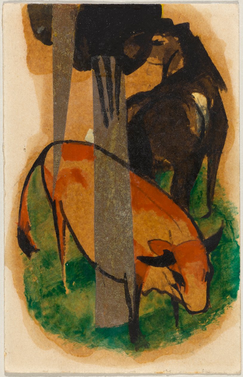 Rotes Pferd und gelbes Rind, Postkarte aus Sindelsdorf an Alfred Kubin af Franz Marc