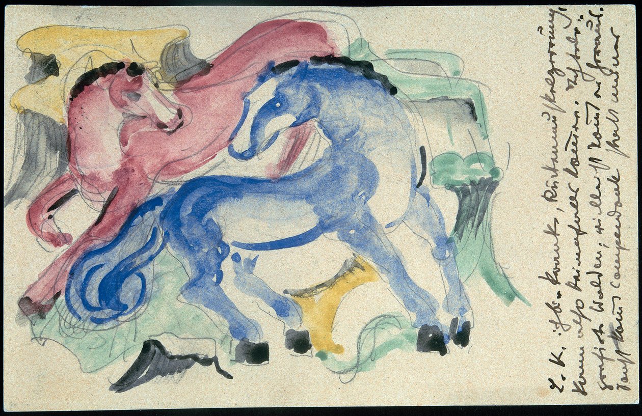 "Rød og blå hest", Franz Marc fra Sindelsdorf til Wassily Kandinsky i München: postkort, poststemplet 5. april 1913 af Franz Marc