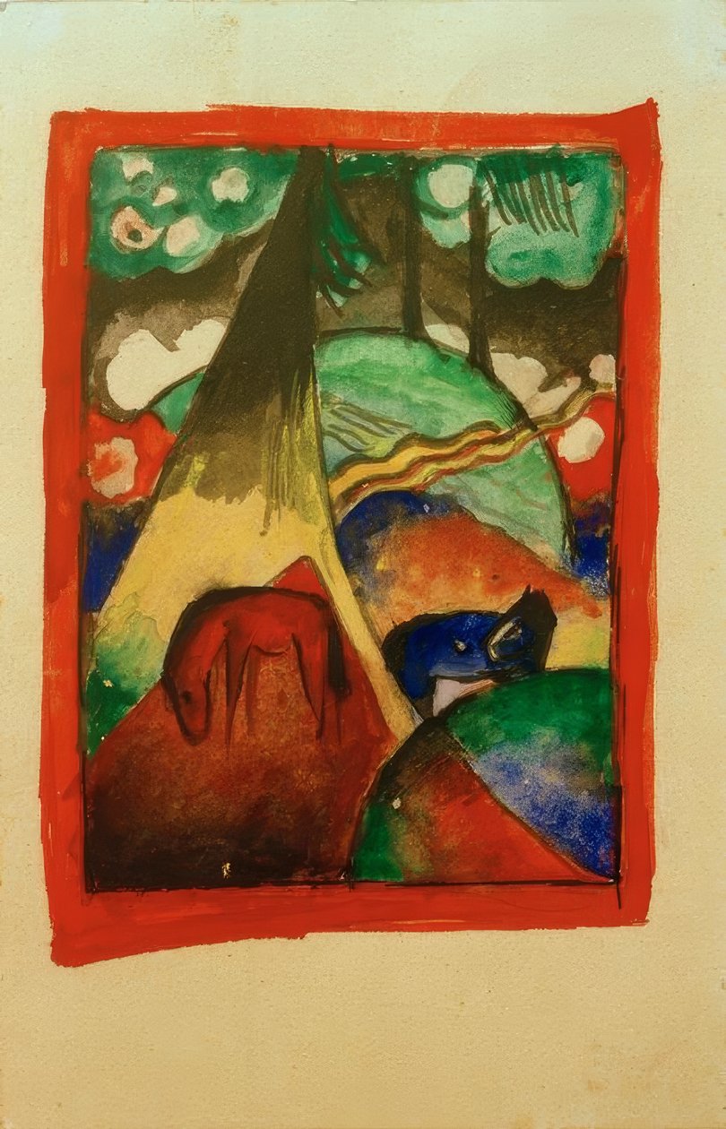 Rød og blå hest i landskab af Franz Marc