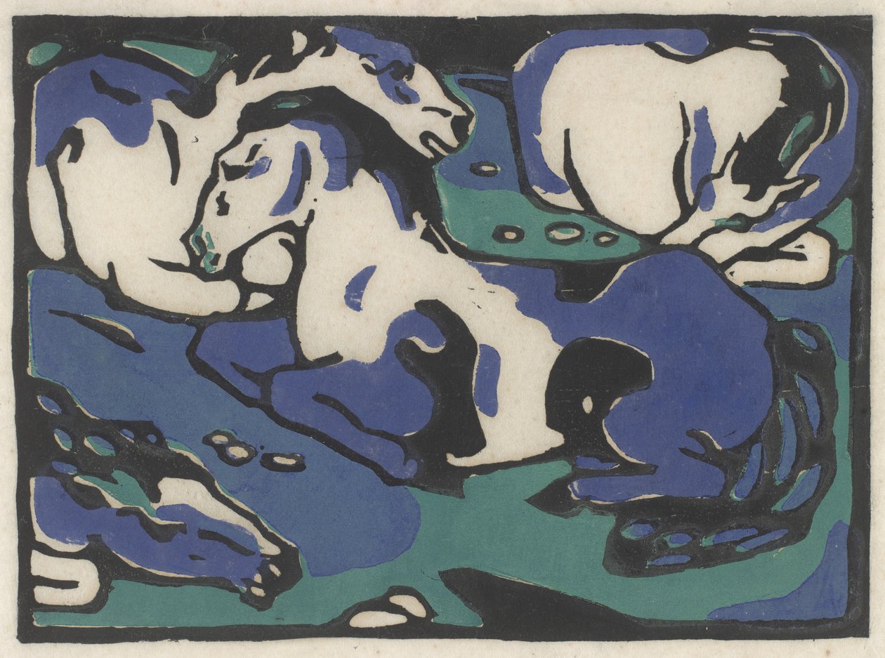 Ruhende Pferde (Hvilende heste), 1911-1912, trykt 1916 (træsnit i sort, blå og grøn på japansk papir) af Franz Marc