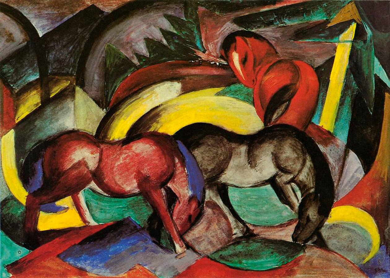 Three Horses, 1912 (blandet medier på papir) af Franz Marc