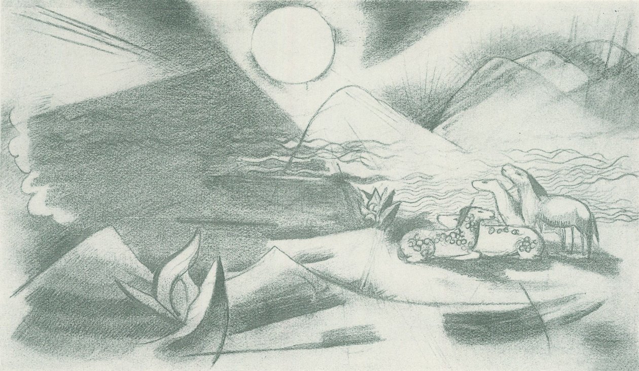 Uberørt landskab med sol, bjerge og en gruppe heste af Franz Marc