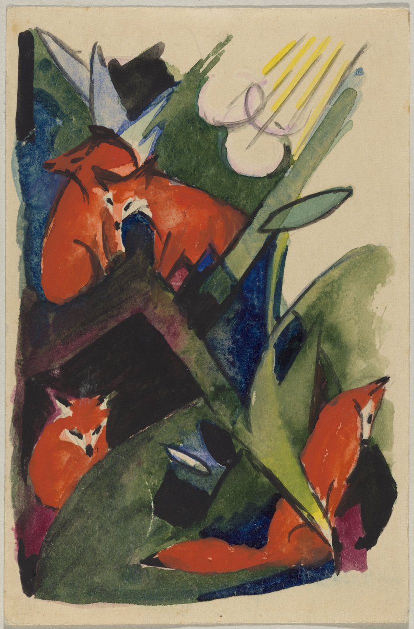 "Fire ræve", Franz Marc fra Sindelsdorf til Wassily Kandinsky i München: postkort, poststemplet 4. februar 1913 af Franz Marc