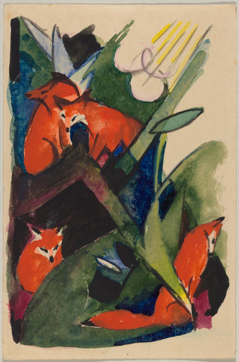„Fire ræve“, Franz Marc fra Sindelsdorf til Wassily Kandinsky i München: postkort, poststempel 04.02.1913 af Franz Marc