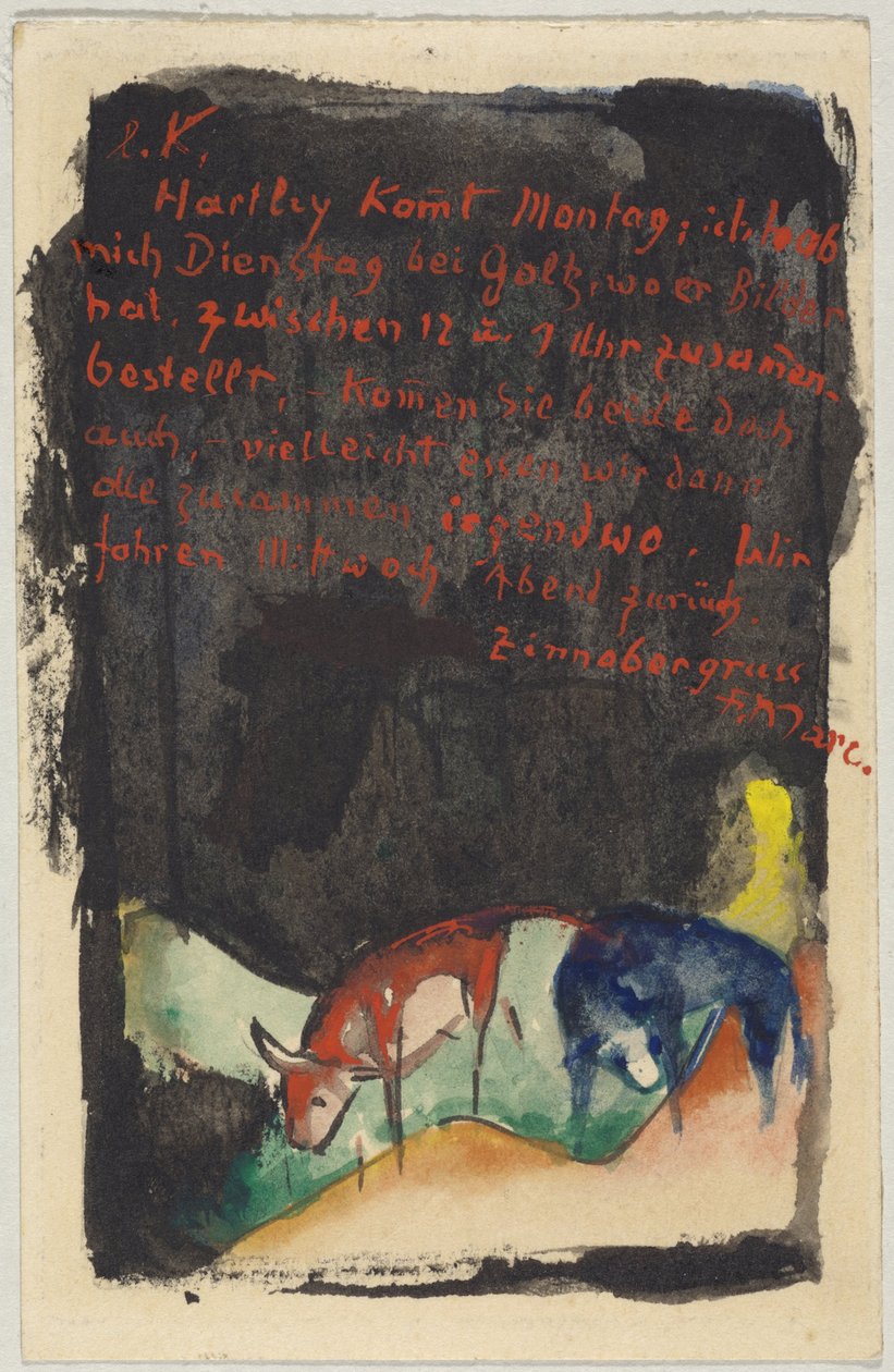 "Zinnobergrüss", Franz Marc fra Sindelsdorf til Wassily Kandinsky i München: postkort, poststemplet 19. april 1913 af Franz Marc
