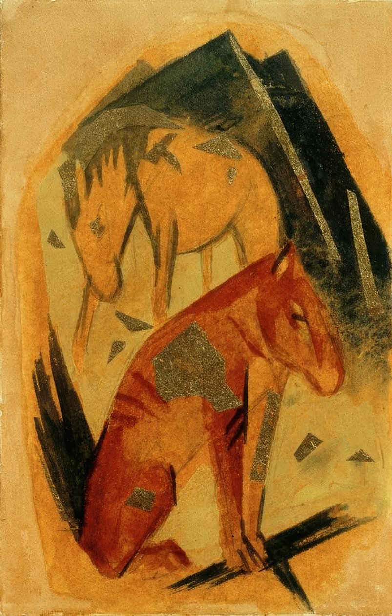 To heste foran et blåt bjerg af Franz Marc