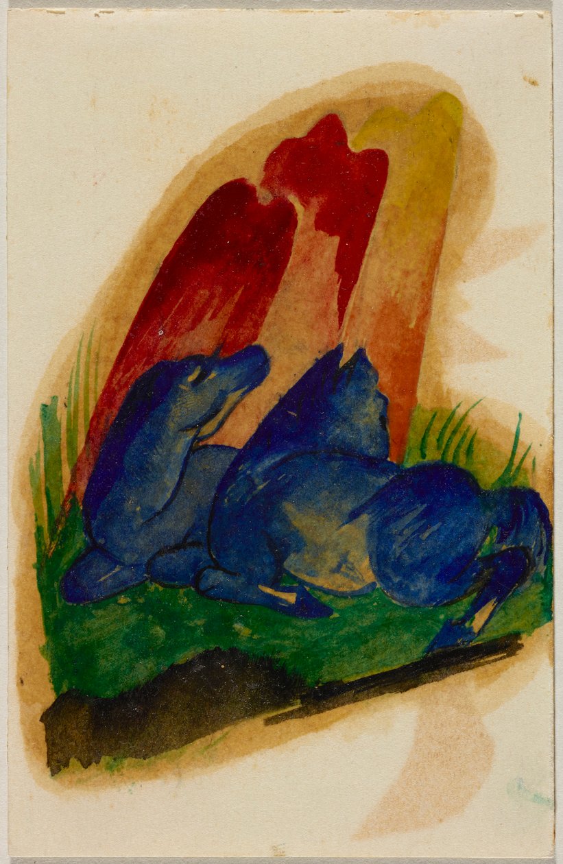 Zwei blaue Pferde vor rotem Felsen, Postkarte aus Sindelsdorf an Wassily Kandinsky in München af Franz Marc