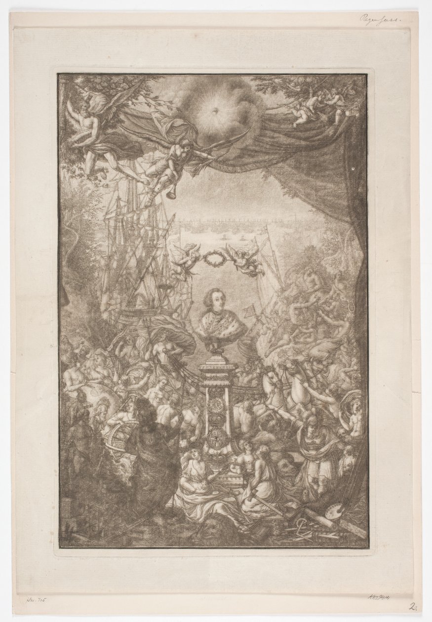 Titelblad med Frederik d. 5.s buste til værket Auserlesene Schenecken, Muscheln. af Franz Michael Regenfus