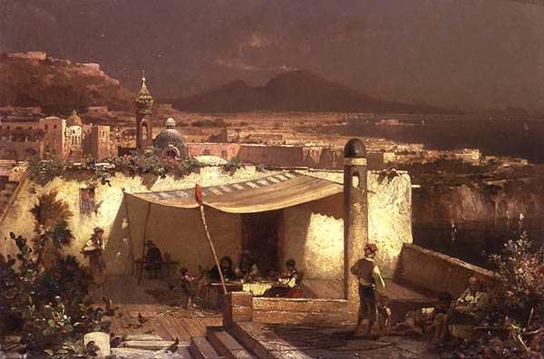 En terrasse i Posilipo (olie på panel) af Franz Richard Unterberger