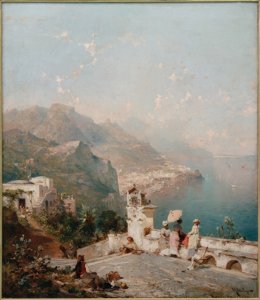 Elegante damer har udsigt over Salerno-bugten af Franz Richard Unterberger