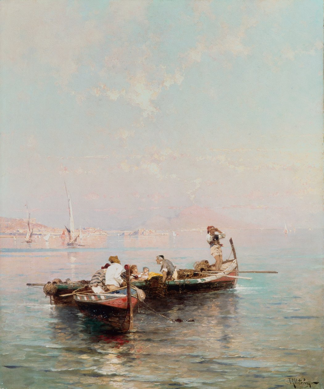 Fiskerbåd i Napoli-bugten (olie på lærred) af Franz Richard Unterberger