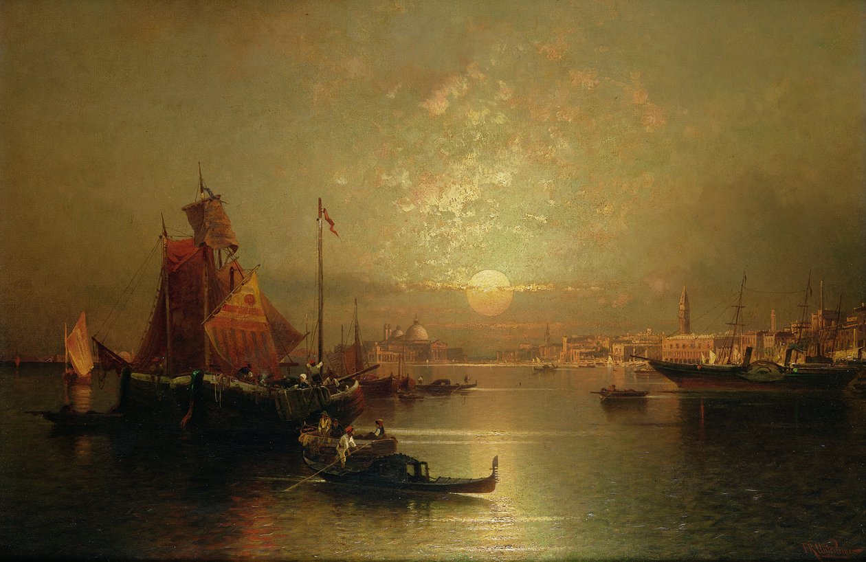 Forsendelse på lagunen, Venedig, ved solnedgang af Franz Richard Unterberger