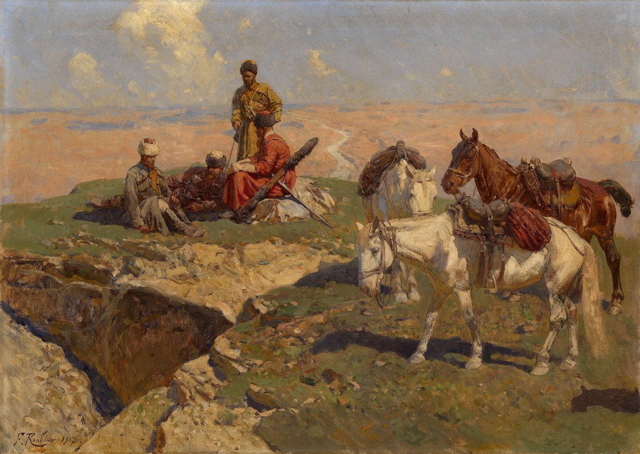 Kaukasiske ryttere i hvile, 1917 af Franz Roubaud