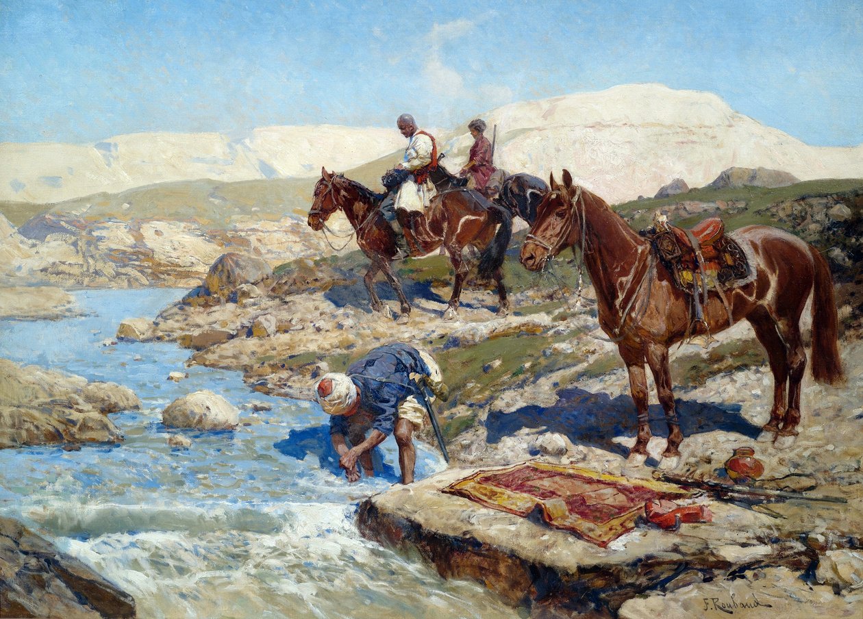Cherkessiske ryttere krydser floden af Franz Roubaud