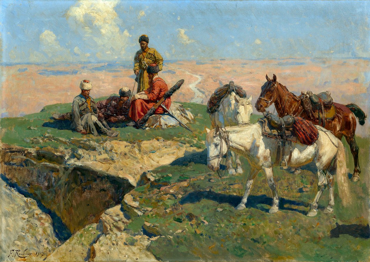 Standsningen af ​​de kaukasiske krigere - Maleri af Franz Roubaud (1856-1928) af Franz Roubaud