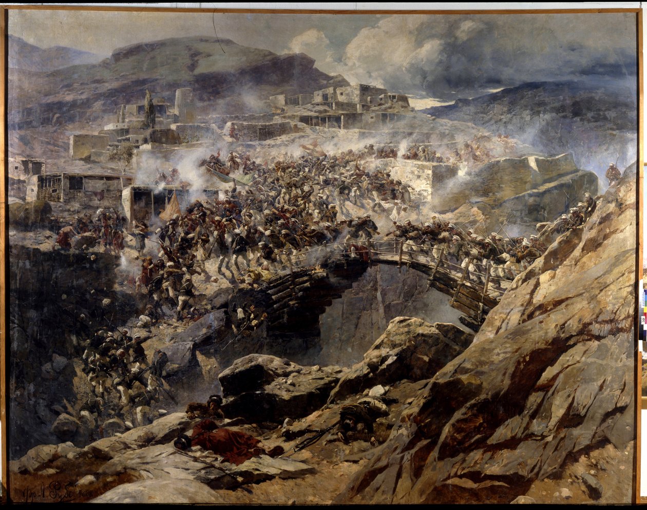 The Siege of Akhoulgo (The Siege of Akhoulgo): I 1839 blev Shamil (Imam Shamil, Shamil) (1797-1871) og hans muslimske støtter fra Kaukasus belejret i deres bjergfort, før de blev massakreret af den russiske hær - Maleri af Franz Roubaud (1856-19 af Franz Roubaud