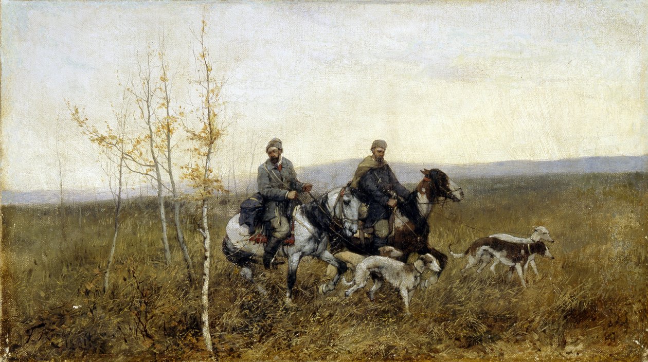 Jægerne. Maleri af Franz Roubaud (1856-1928), olie på lærred af Franz Roubaud