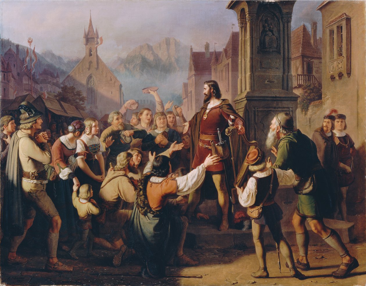 Hertug Friedrich IV, forklædt som en minstrel, åbenbarer sig for sine loyale tyrolere, mens han flygter fra Constance af Franz Schams