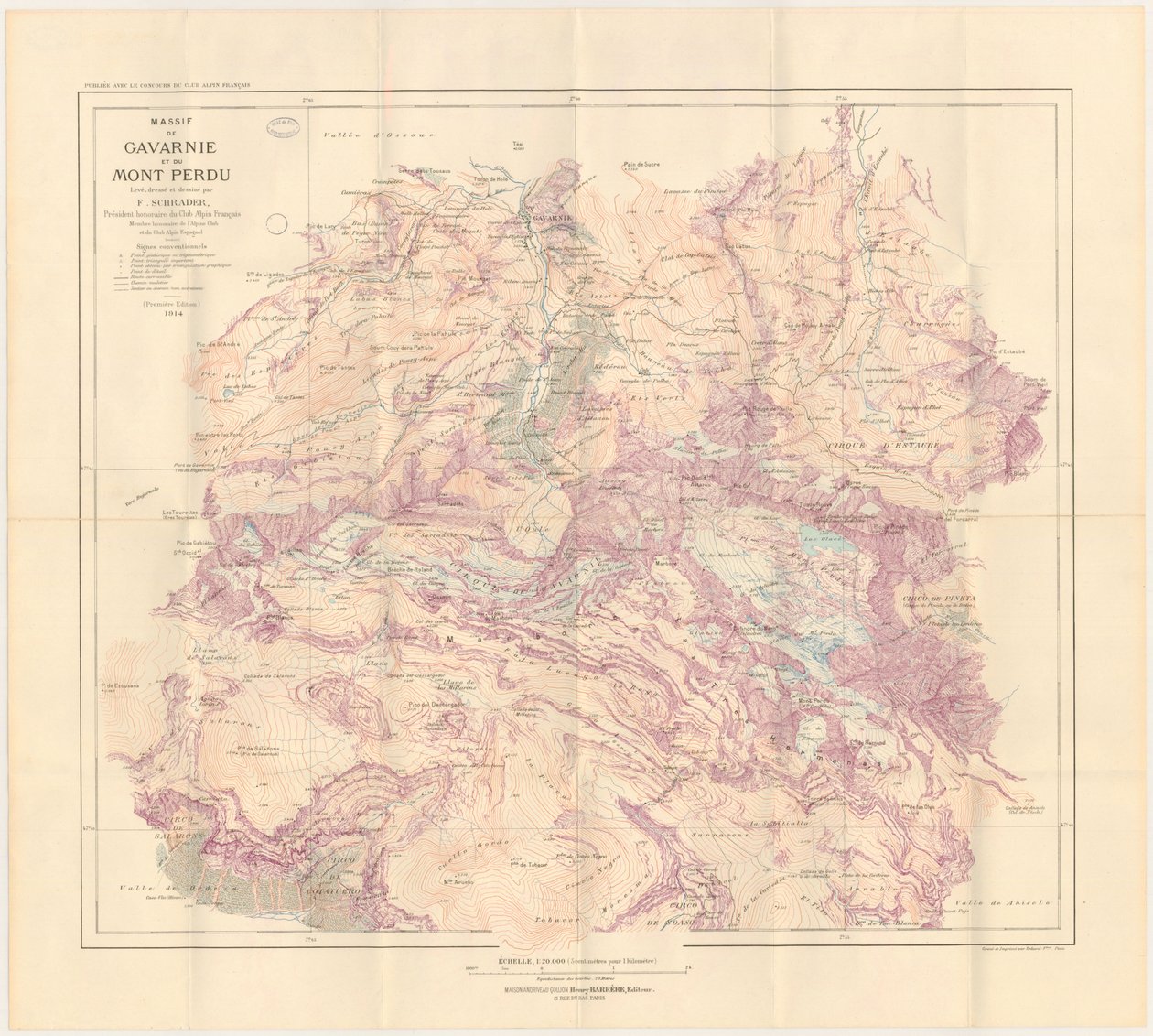Kort over Gavarnie-massivet og Mont Perdu redigeret i 1914 af Franz Schrader
